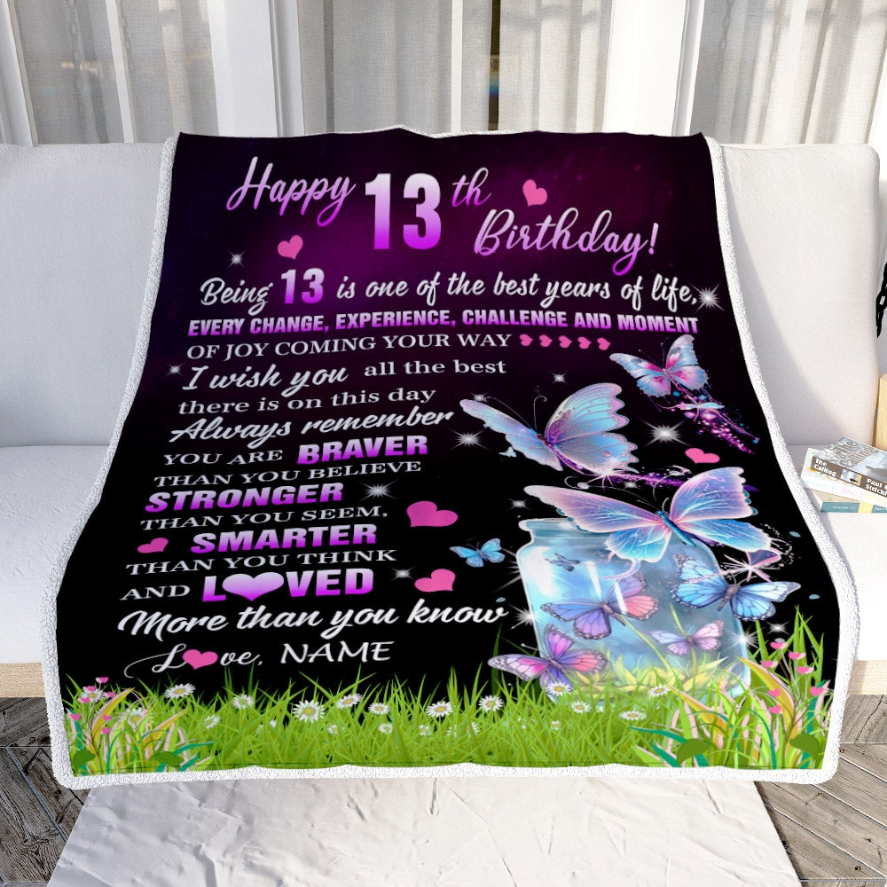 Personalized Happy 13th Birthday Decorations Blanket Butterfly Sweet Thirteen Sweet 13 Gifts For Girls Teen Birthday 13 Year Old Customized Fleece Blanket | teecentury