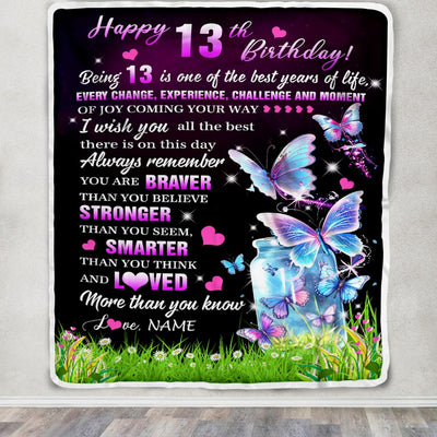 Personalized Happy 13th Birthday Decorations Blanket Butterfly Sweet Thirteen Sweet 13 Gifts For Girls Teen Birthday 13 Year Old Customized Fleece Blanket | teecentury