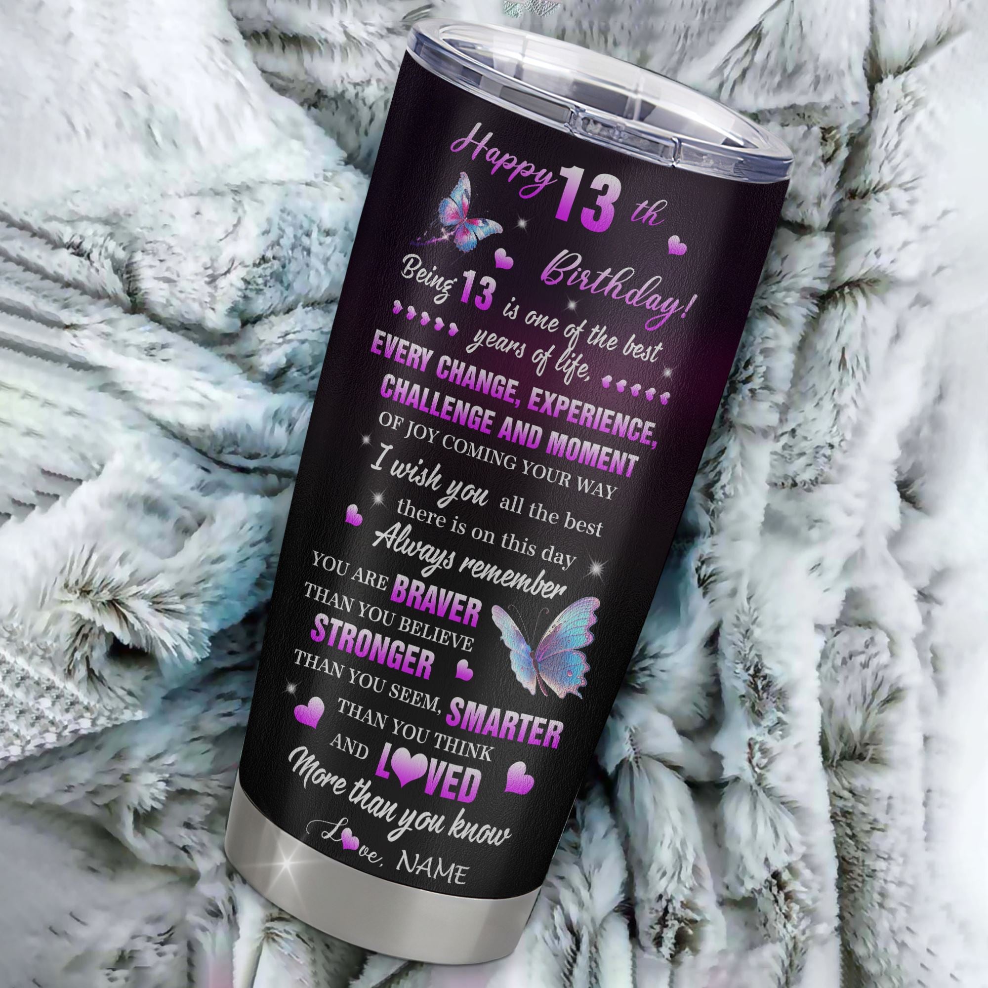 Personalized Happy 13th Birthday Decorations Tumbler Stainless Steel Cup Butterfly Sweet Thirteen Sweet 13 Gifts For Girls Teen Birthday 13 Year Old Travel Mug | teecentury