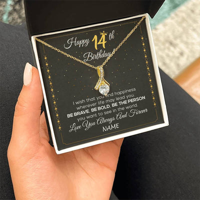 Alluring Beauty Necklace 18K Yellow Gold Finish | 2 | Personalized Happy 14Th Birthday Necklace For Her Girls Daughter Niece Sister Goddaughter Granddaughter 14 Year Old Birthday Customized Gift Box Message Card | teecentury