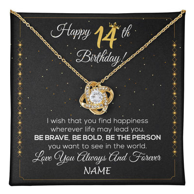 Love Knot Necklace 18K Yellow Gold Finish | 1 | Personalized Happy 14Th Birthday Necklace For Her Girls Daughter Niece Sister Goddaughter Granddaughter 14 Year Old Birthday Customized Gift Box Message Card | teecentury