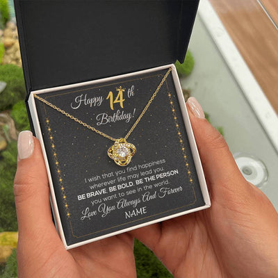 Love Knot Necklace 18K Yellow Gold Finish | 2 | Personalized Happy 14Th Birthday Necklace For Her Girls Daughter Niece Sister Goddaughter Granddaughter 14 Year Old Birthday Customized Gift Box Message Card | teecentury