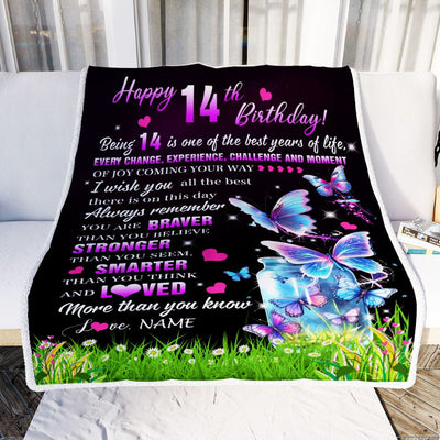 Personalized Happy 14th Birthday Decorations Blanket Butterfly Sweet Fourteen Sweet 14 Gifts For Girls Teen Birthday 14 Year Old Customized Fleece Blanket | teecentury
