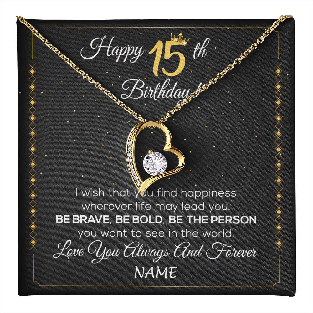 Forever Love Necklace 18K Yellow Gold Finish | 1 | Personalized Happy 15Th Birthday Necklace For Her Girls Daughter Niece Sister Goddaughter Granddaughter 15 Year Old Birthday Customized Gift Box Message Card | teecentury