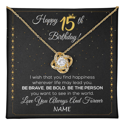Love Knot Necklace 18K Yellow Gold Finish | 1 | Personalized Happy 15Th Birthday Necklace For Her Girls Daughter Niece Sister Goddaughter Granddaughter 15 Year Old Birthday Customized Gift Box Message Card | teecentury