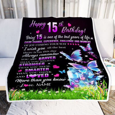 Personalized Happy 15th Birthday Decorations Blanket Butterfly Sweet Fifteen Sweet 15 Gifts For Girls Teen Birthday 15 Year Old Customized Fleece Blanket | teecentury