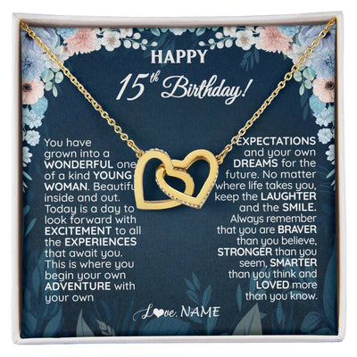 Interlocking Hearts Necklace 18K Yellow Gold Finish | 1 | Personalized Happy 15th Birthday Gifts Necklace Sweet Fifteen 15th Year Old Girl Birthday Gift Ideas For Her Daughter Niece Jewelry Gift Box Message Card | teecentury
