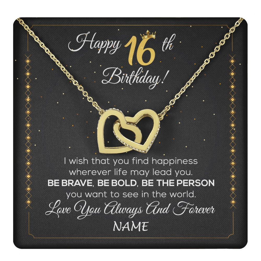 Interlocking Hearts Necklace 18K Yellow Gold Finish | 1 | Personalized Happy 16Th Birthday Necklace For Her Women Daughter Niece Sister Goddaughter Granddaughter 16 Year Old Birthday Customized Gift Box Message Card | teecentury.myshopify