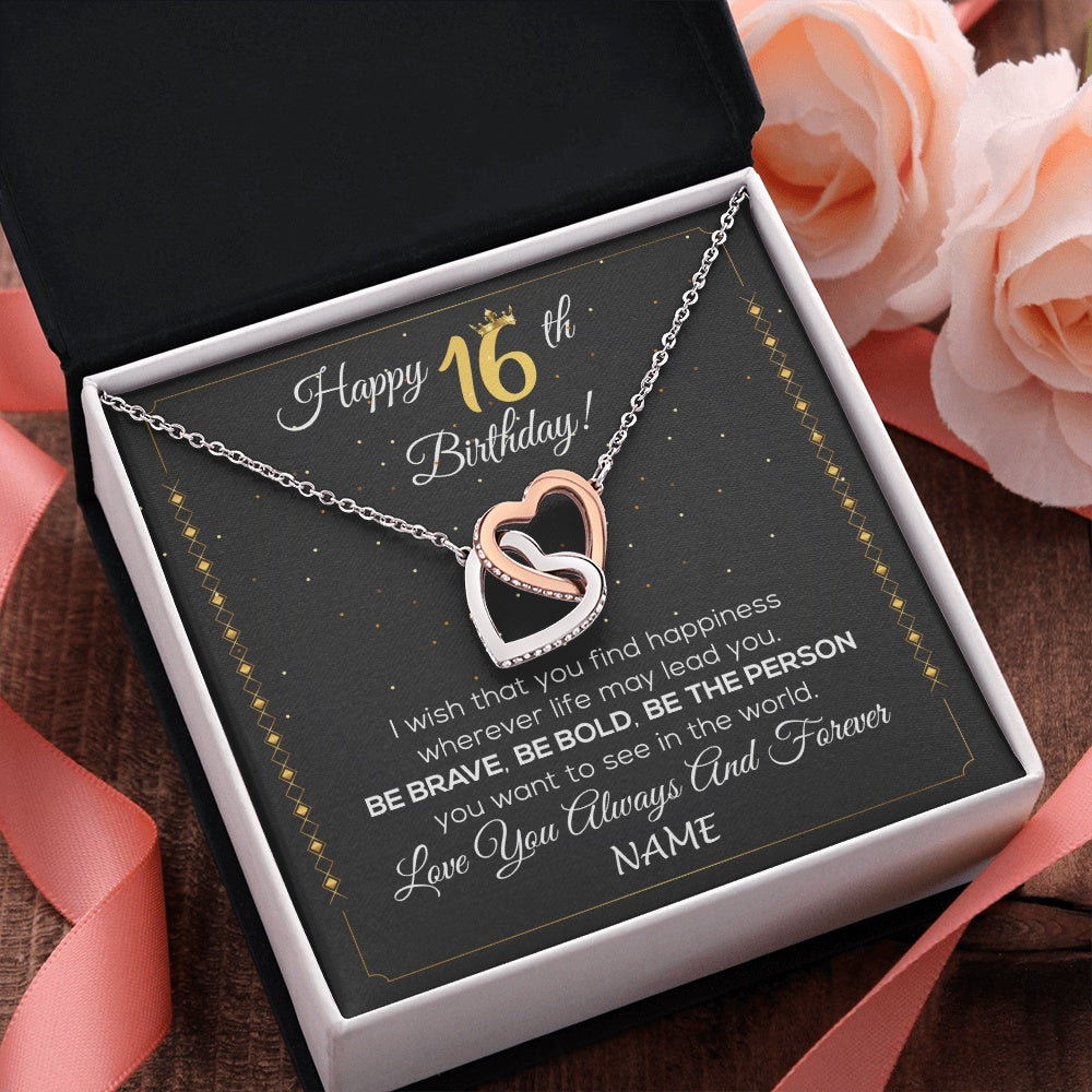 Interlocking Hearts Necklace Stainless Steel & Rose Gold Finish | 2 | Personalized Happy 16Th Birthday Necklace For Her Women Daughter Niece Sister Goddaughter Granddaughter 16 Year Old Birthday Customized Gift Box Message Card | teecentury.myshopify