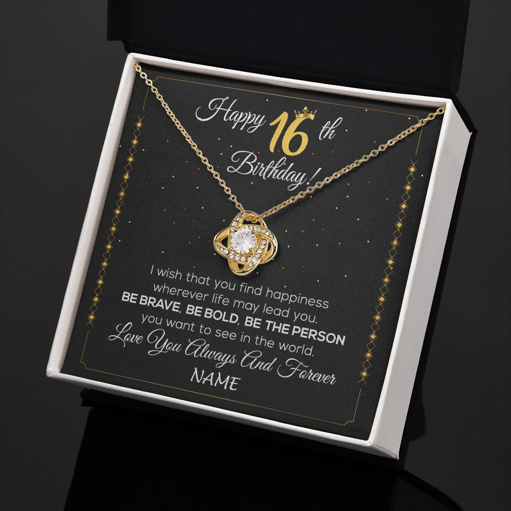 Love Knot Necklace 18K Yellow Gold Finish | 2 | Personalized Happy 16Th Birthday Necklace For Her Women Daughter Niece Sister Goddaughter Granddaughter 16 Year Old Birthday Customized Gift Box Message Card | teecentury.myshopify
