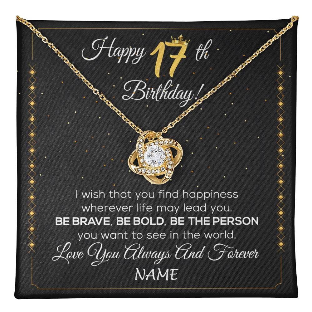 Love Knot Necklace 18K Yellow Gold Finish | 1 | Personalized Happy 17Th Birthday Necklace For Her Girls Daughter Niece Sister Goddaughter Granddaughter 17 Year Old Birthday Customized Gift Box Message Card | teecentury