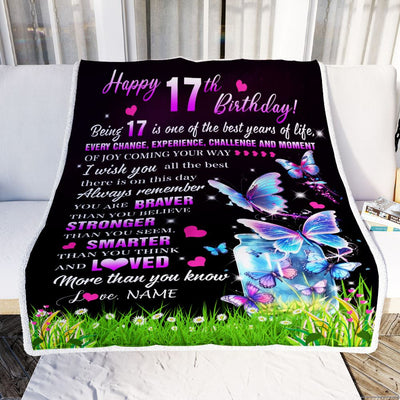 Personalized Happy 17th Birthday Decorations Blanket Butterfly Sweet Seventeen Sweet 17 Gifts For Girls Teen Birthday 17 Year Old Customized Fleece Blanket | teecentury