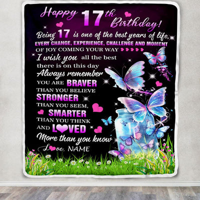 Personalized Happy 17th Birthday Decorations Blanket Butterfly Sweet Seventeen Sweet 17 Gifts For Girls Teen Birthday 17 Year Old Customized Fleece Blanket | teecentury