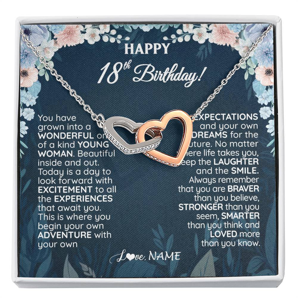 Interlocking Hearts Necklace Stainless Steel & Rose Gold Finish | 1 | Personalized Happy 18th Birthday Gifts Necklace Sweet Fifteen 18th Year Old Girl Birthday Gift Ideas For Her Daughter Niece Jewelry Gift Box Message Card | teecentury