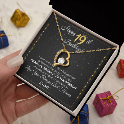 Forever Love Necklace 18K Yellow Gold Finish | 2 | Personalized Happy 19Th Birthday Necklace For Her Girls Daughter Niece Sister Goddaughter Granddaughter 19 Year Old Birthday Customized Gift Box Message Card | teecentury