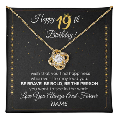 Love Knot Necklace 18K Yellow Gold Finish | 1 | Personalized Happy 19Th Birthday Necklace For Her Girls Daughter Niece Sister Goddaughter Granddaughter 19 Year Old Birthday Customized Gift Box Message Card | teecentury