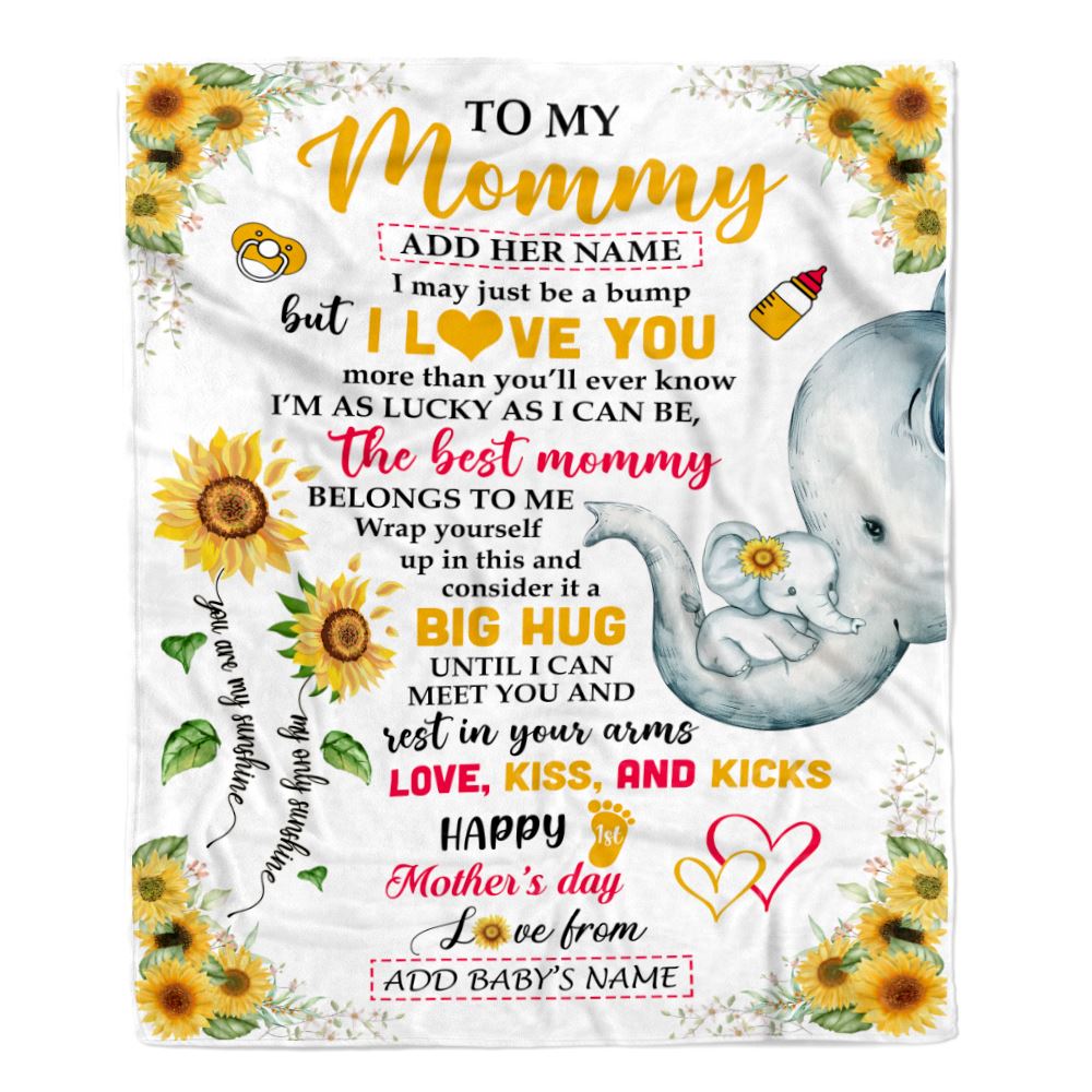 Personalized Happy 1st Mother's Day To My Mommy Blanket From Baby Bump Sunflower Custom Name Elephant Mom And Baby First Time Gifts Customized Fleece Blanket | teecentury