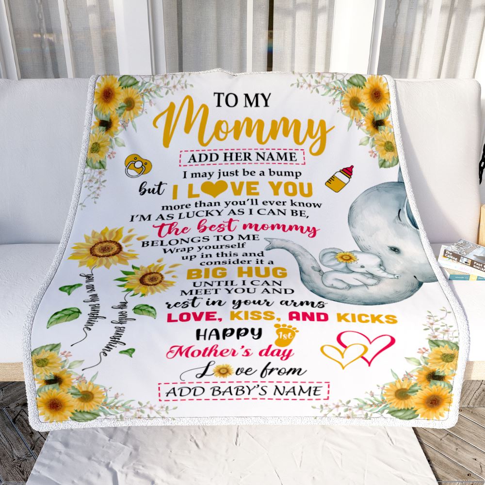 Personalized Happy 1st Mother's Day To My Mommy Blanket From Baby Bump Sunflower Custom Name Elephant Mom And Baby First Time Gifts Customized Fleece Blanket | teecentury