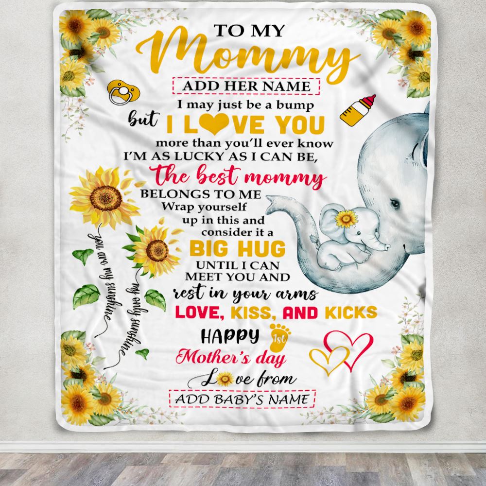 Personalized Happy 1st Mother's Day To My Mommy Blanket From Baby Bump Sunflower Custom Name Elephant Mom And Baby First Time Gifts Customized Fleece Blanket | teecentury