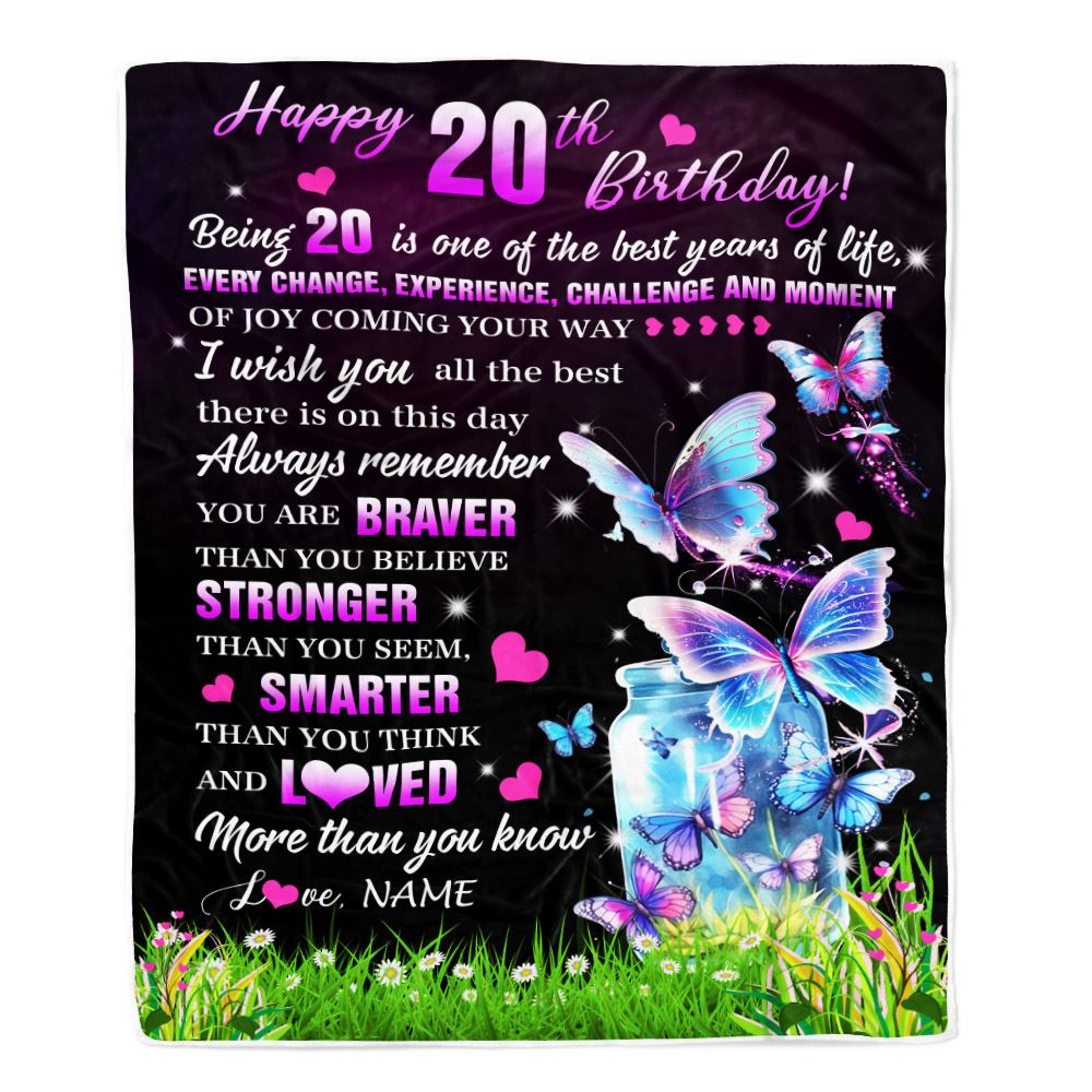Personalized Happy 20th Birthday Decorations Blanket Butterfly Sweet Twenty Sweet 20 Gifts For Girls Teen Birthday 20 Year Old Customized Fleece Blanket | teecentury