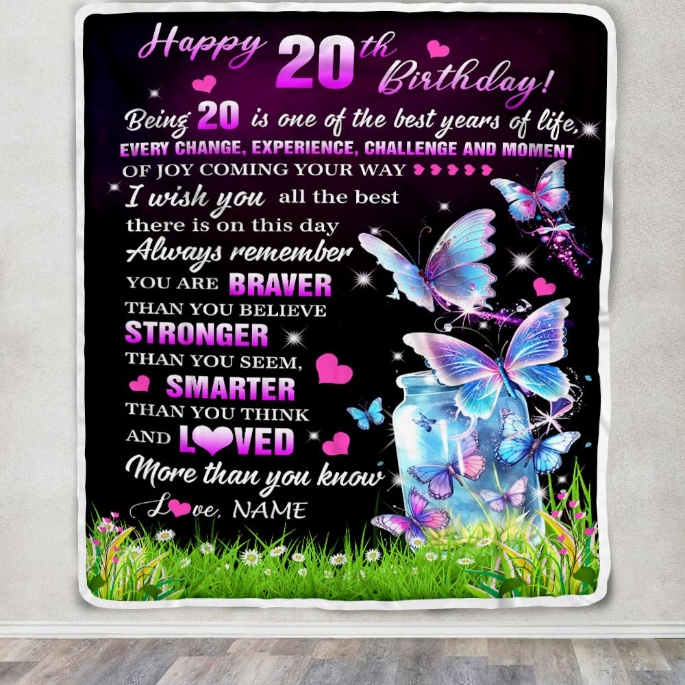 Personalized Happy 20th Birthday Decorations Blanket Butterfly Sweet Twenty Sweet 20 Gifts For Girls Teen Birthday 20 Year Old Customized Fleece Blanket | teecentury