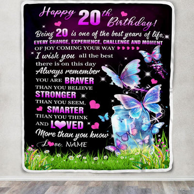 Personalized Happy 20th Birthday Decorations Blanket Butterfly Sweet Twenty Sweet 20 Gifts For Girls Teen Birthday 20 Year Old Customized Fleece Blanket | teecentury