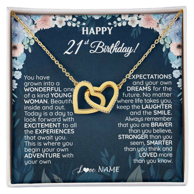 Interlocking Hearts Necklace 18K Yellow Gold Finish | 1 | Personalized Happy 21st Birthday Gifts Necklace Sweet Fifteen 21st Year Old Girl Birthday Gift Ideas For Her Daughter Niece Jewelry Gift Box Message Card | teecentury