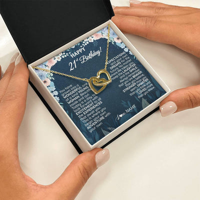 Interlocking Hearts Necklace 18K Yellow Gold Finish | 2 | Personalized Happy 21st Birthday Gifts Necklace Sweet Fifteen 21st Year Old Girl Birthday Gift Ideas For Her Daughter Niece Jewelry Gift Box Message Card | teecentury