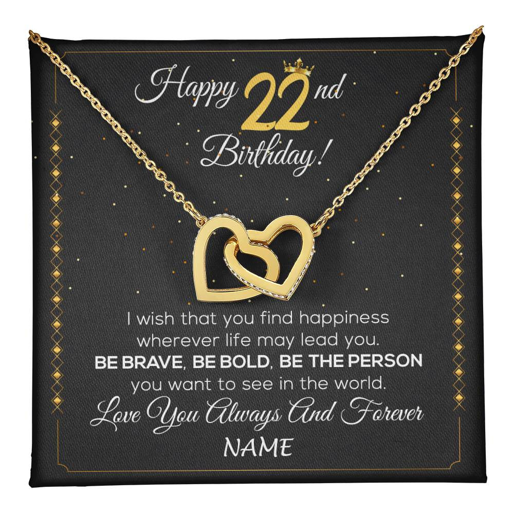 Interlocking Hearts Necklace 18K Yellow Gold Finish | 1 | Personalized Happy 22nd Birthday Necklace For Her Girls Daughter Niece Sister Goddaughter Granddaughter 22 Year Old Birthday Customized Gift Box Message Card | teecentury