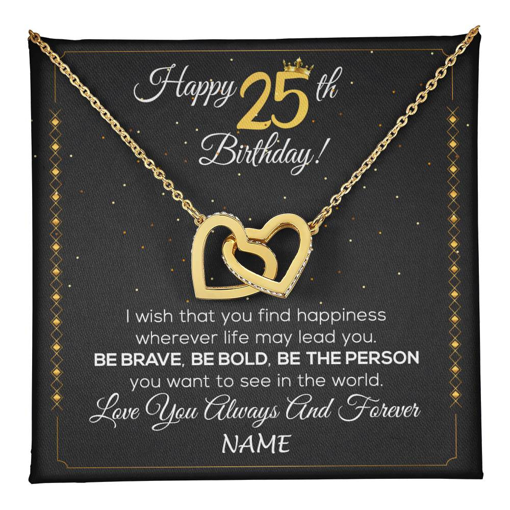 Interlocking Hearts Necklace 18K Yellow Gold Finish | 1 | Personalized Happy 25Th Birthday Necklace For Her Girls Daughter Niece Sister Goddaughter Granddaughter 25 Year Old Birthday Customized Gift Box Message Card | teecentury