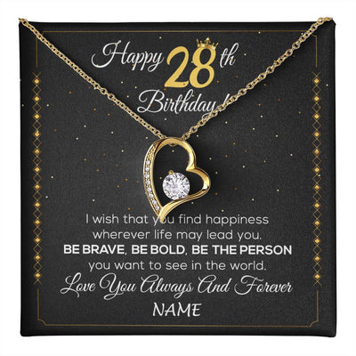 Forever Love Necklace 18K Yellow Gold Finish | 1 | Personalized Happy 28Th Birthday Necklace For Her Girls Daughter Niece Sister Goddaughter Granddaughter 28 Year Old Birthday Customized Gift Box Message Card | teecentury