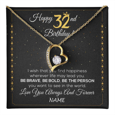 Forever Love Necklace 18K Yellow Gold Finish | 1 | Personalized Happy 32nd Birthday Necklace For Her Girls Daughter Niece Sister Goddaughter Granddaughter 32 Year Old Birthday Customized Gift Box Message Card | teecentury