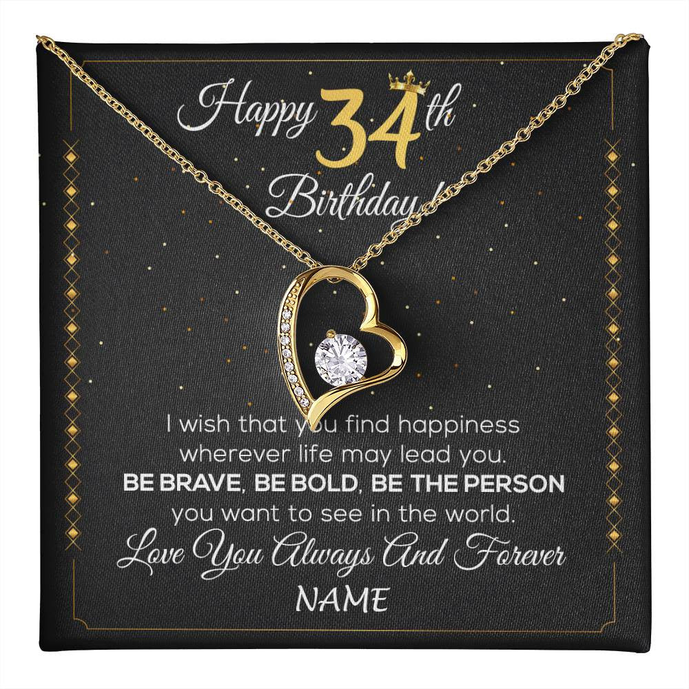 Forever Love Necklace 18K Yellow Gold Finish | 1 | Personalized Happy 34Th Birthday Necklace For Her Girls Daughter Niece Sister Goddaughter Granddaughter 34 Year Old Birthday Customized Gift Box Message Card | teecentury