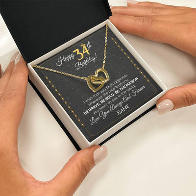 Interlocking Hearts Necklace 18K Yellow Gold Finish | 2 | Personalized Happy 34Th Birthday Necklace For Her Girls Daughter Niece Sister Goddaughter Granddaughter 34 Year Old Birthday Customized Gift Box Message Card | teecentury