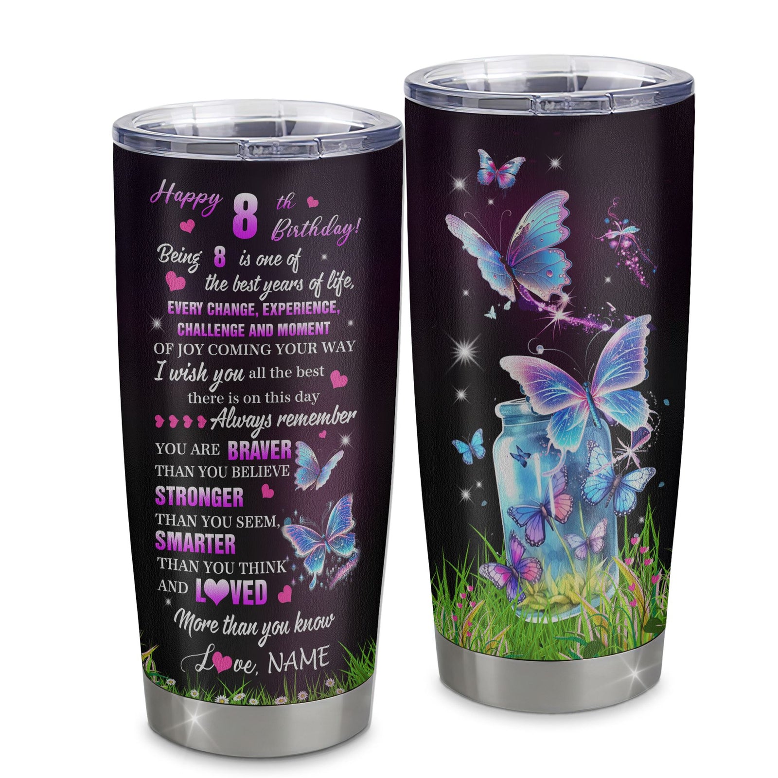 Personalized Happy 8th Birthday Decorations Tumbler Butterfly Sweet Twenty Sweet 8 Gifts For Girls Teen Birthday 8 Year Old Custom Stainless Steel Cup Travel Mug | teecentury