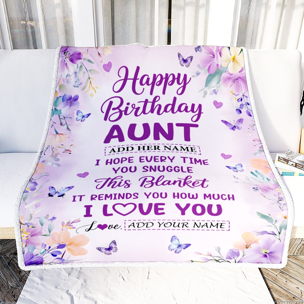 Personalized Happy Birthday Aunt Gifts From Niece Nephew Blanket I Love You Purple Floral Birthday Gift Idea For Aunt Gifts Customized Fleece Throw Blanket | teecentury