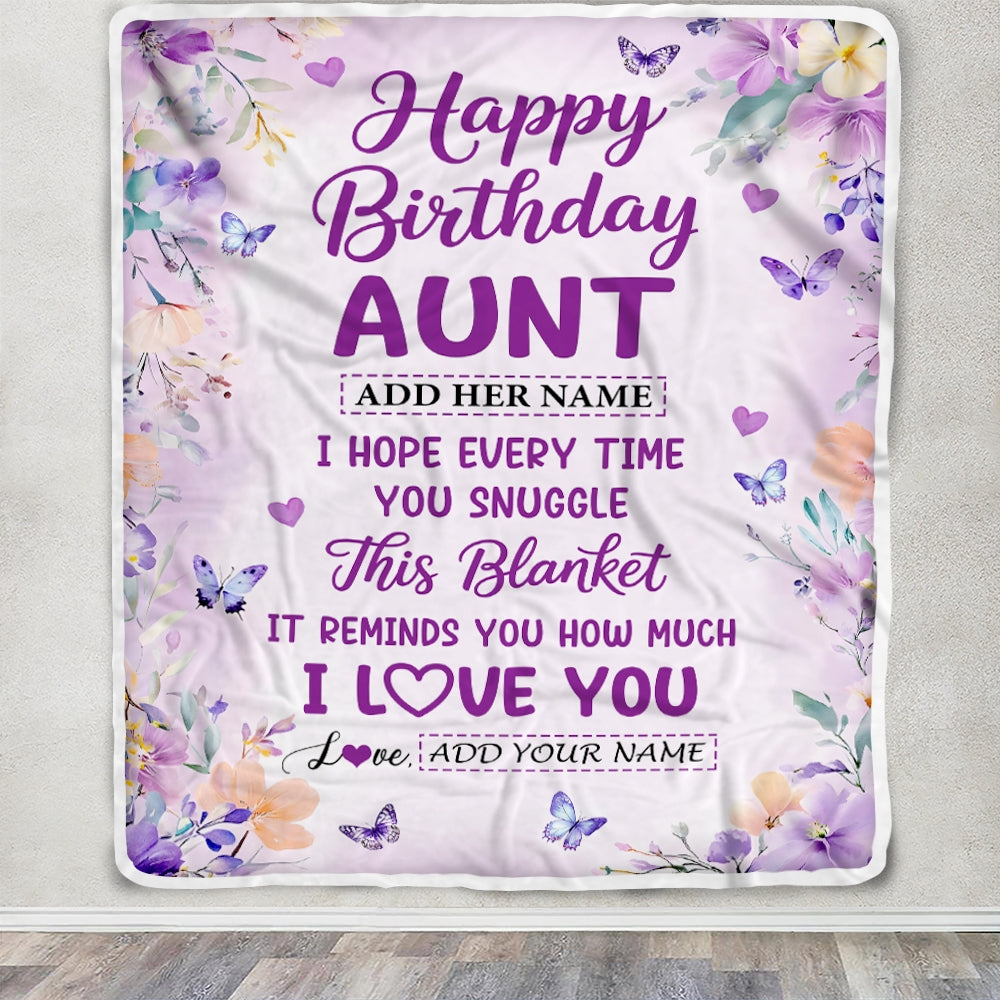 Personalized Happy Birthday Aunt Gifts From Niece Nephew Blanket I Love You Purple Floral Birthday Gift Idea For Aunt Gifts Customized Fleece Throw Blanket | teecentury