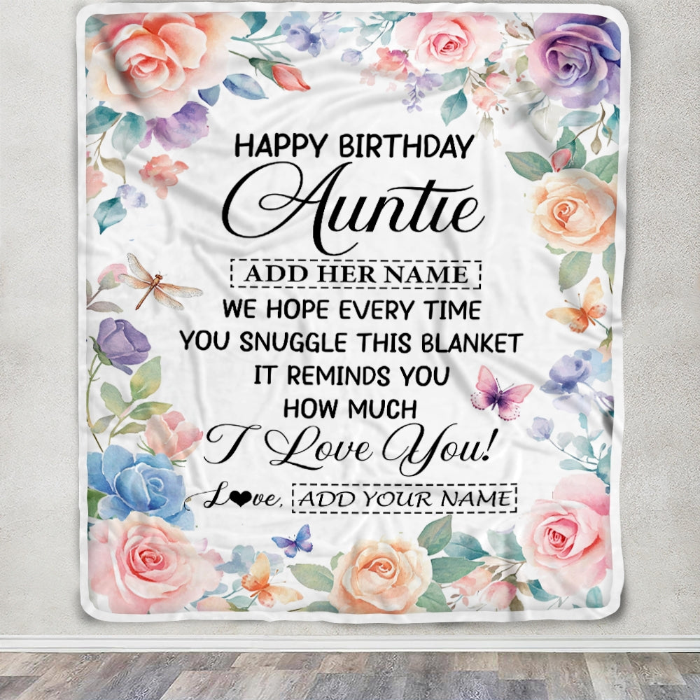 Personalized Happy Birthday Auntie Gifts From Niece Nephew Blanket Butterfly Flower Present Birthday Gift For Auntie Gifts Customized Fleece Throw Blanket | teecentury