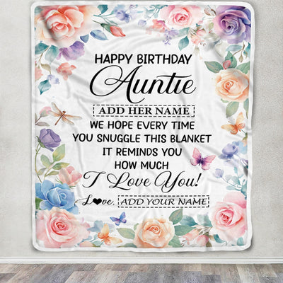 Personalized Happy Birthday Auntie Gifts From Niece Nephew Blanket Butterfly Flower Present Birthday Gift For Auntie Gifts Customized Fleece Throw Blanket | teecentury