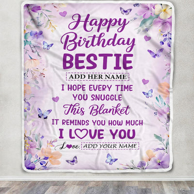 Personalized Happy Birthday Bestie Gifts From Best Friend Blanket I Love You Purple Floral Birthday Gift Idea For Soul Sister Gifts Customized Fleece Blanket | teecentury