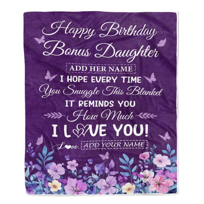Personalized Happy Birthday Bonus Daughter Birthday Gifts From Mom Dad Blanket Purple Floral Unique Birthday Gifts Stepdaughter Gifts Customized Fleece Blanket | teecentury