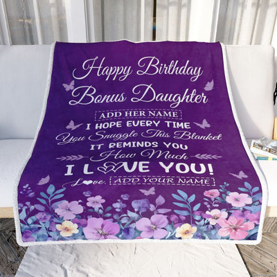 Personalized Happy Birthday Bonus Daughter Birthday Gifts From Mom Dad Blanket Purple Floral Unique Birthday Gifts Stepdaughter Gifts Customized Fleece Blanket | teecentury