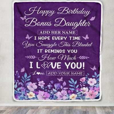 Personalized Happy Birthday Bonus Daughter Birthday Gifts From Mom Dad Blanket Purple Floral Unique Birthday Gifts Stepdaughter Gifts Customized Fleece Blanket | teecentury