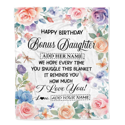 Personalized Happy Birthday Bonus Daughter Gifts From Mom Dad Blanket Butterfly Flower Present Birthday Gift For Stepdaughter Gifts Customized Fleece Blanket | teecentury