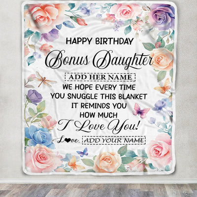 Personalized Happy Birthday Bonus Daughter Gifts From Mom Dad Blanket Butterfly Flower Present Birthday Gift For Stepdaughter Gifts Customized Fleece Blanket | teecentury