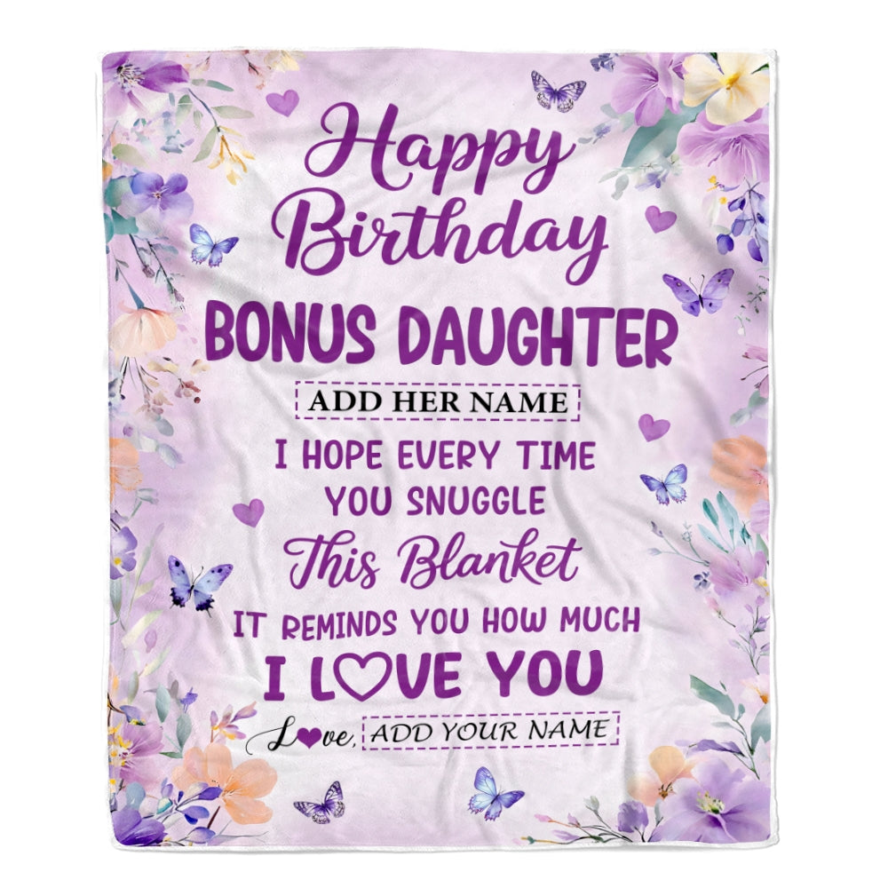 Personalized Happy Birthday Bonus Daughter Gifts From Stepmom Blanket I Love You Purple Floral Birthday Gift Idea For Stepdaughter Gifts Custom Fleece Blanket | teecentury