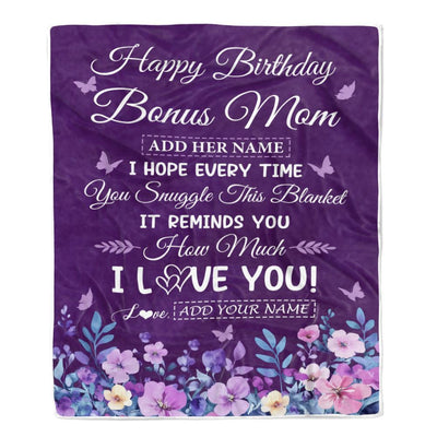 Personalized Happy Birthday Bonus Mom Birthday Gifts From Stepdaughter Blanket Purple Floral Unique Birthday Gifts Stepmom Gifts Customized Fleece Blanket | teecentury