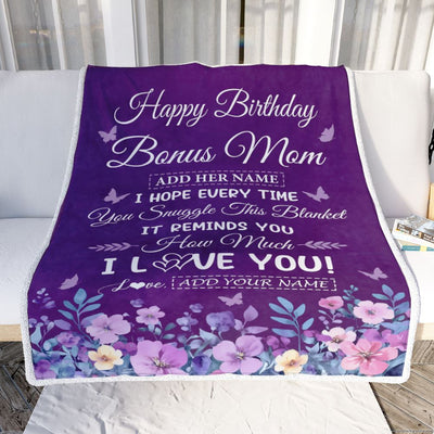 Personalized Happy Birthday Bonus Mom Birthday Gifts From Stepdaughter Blanket Purple Floral Unique Birthday Gifts Stepmom Gifts Customized Fleece Blanket | teecentury