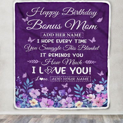 Personalized Happy Birthday Bonus Mom Birthday Gifts From Stepdaughter Blanket Purple Floral Unique Birthday Gifts Stepmom Gifts Customized Fleece Blanket | teecentury
