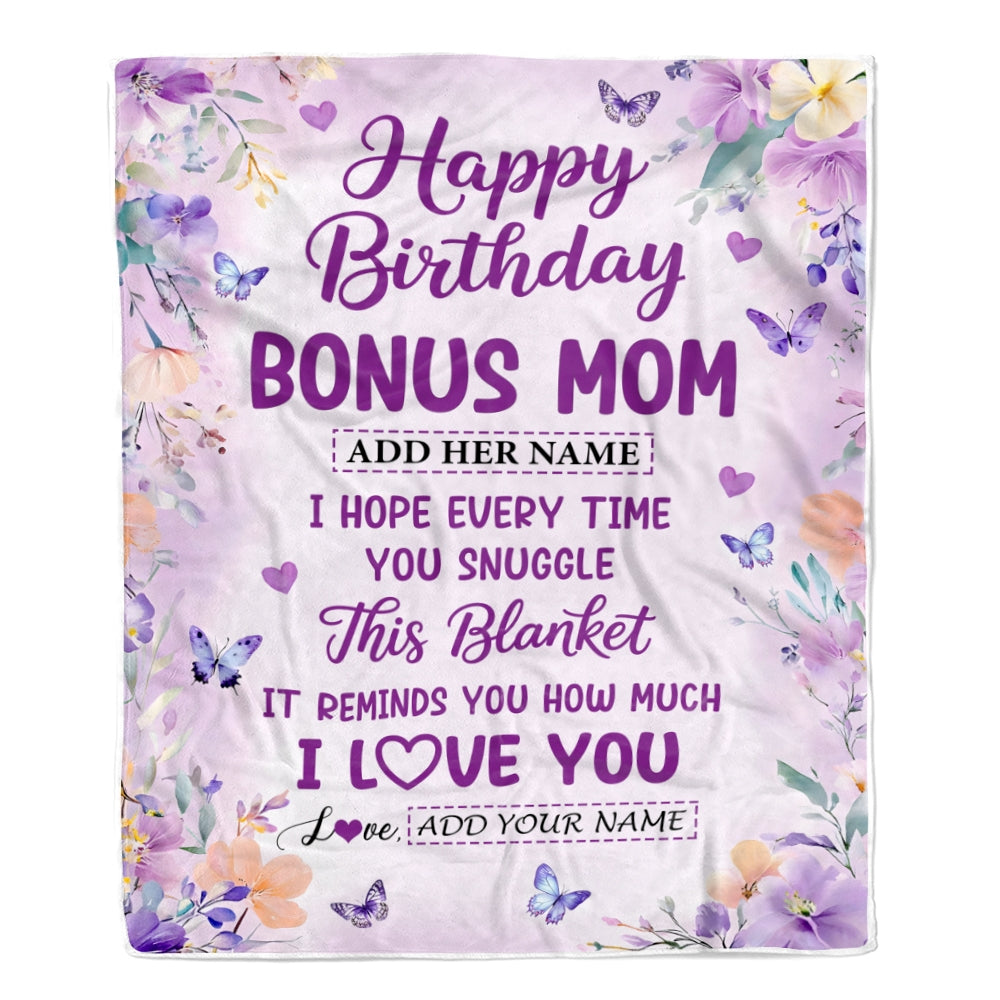 Personalized Happy Birthday Bonus Mom Gifts From Step Son Daughter Blanket I Love You Purple Floral Birthday Gift Idea For Stepmom Gifts Custom Fleece Blanket | teecentury